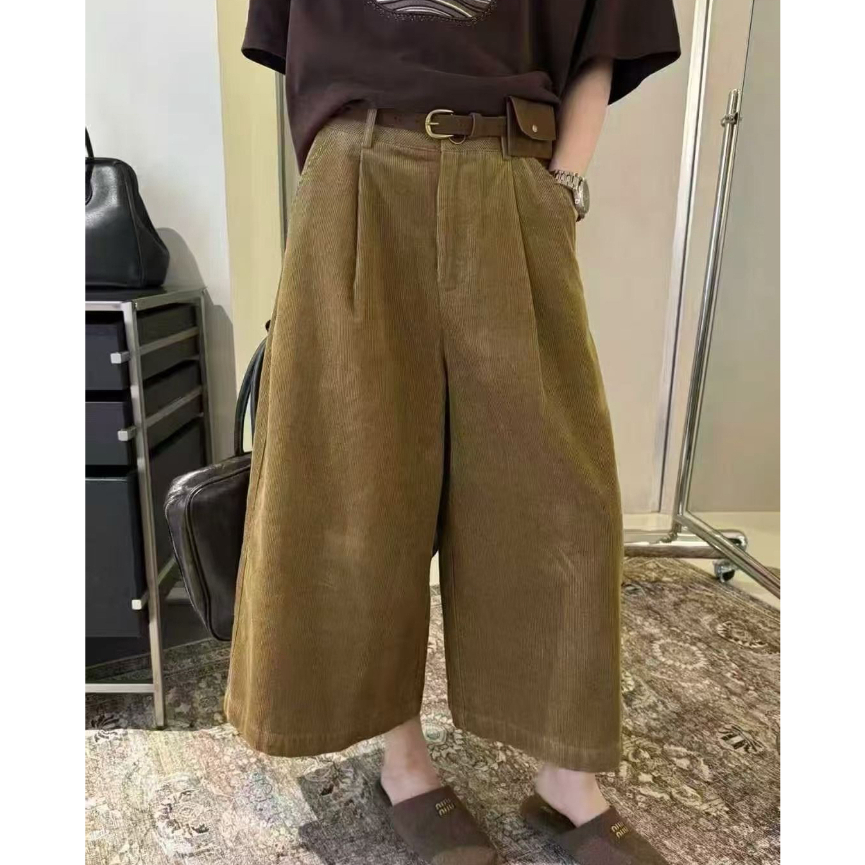 时髦复古美拉德风格高腰八分阔腿女裤春秋休闲百搭