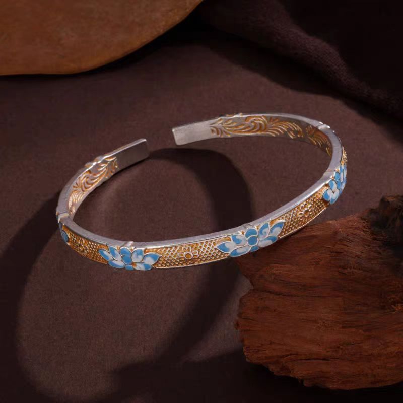 91号链接 气质描金荷花手镯森系小清新百搭镯子简约