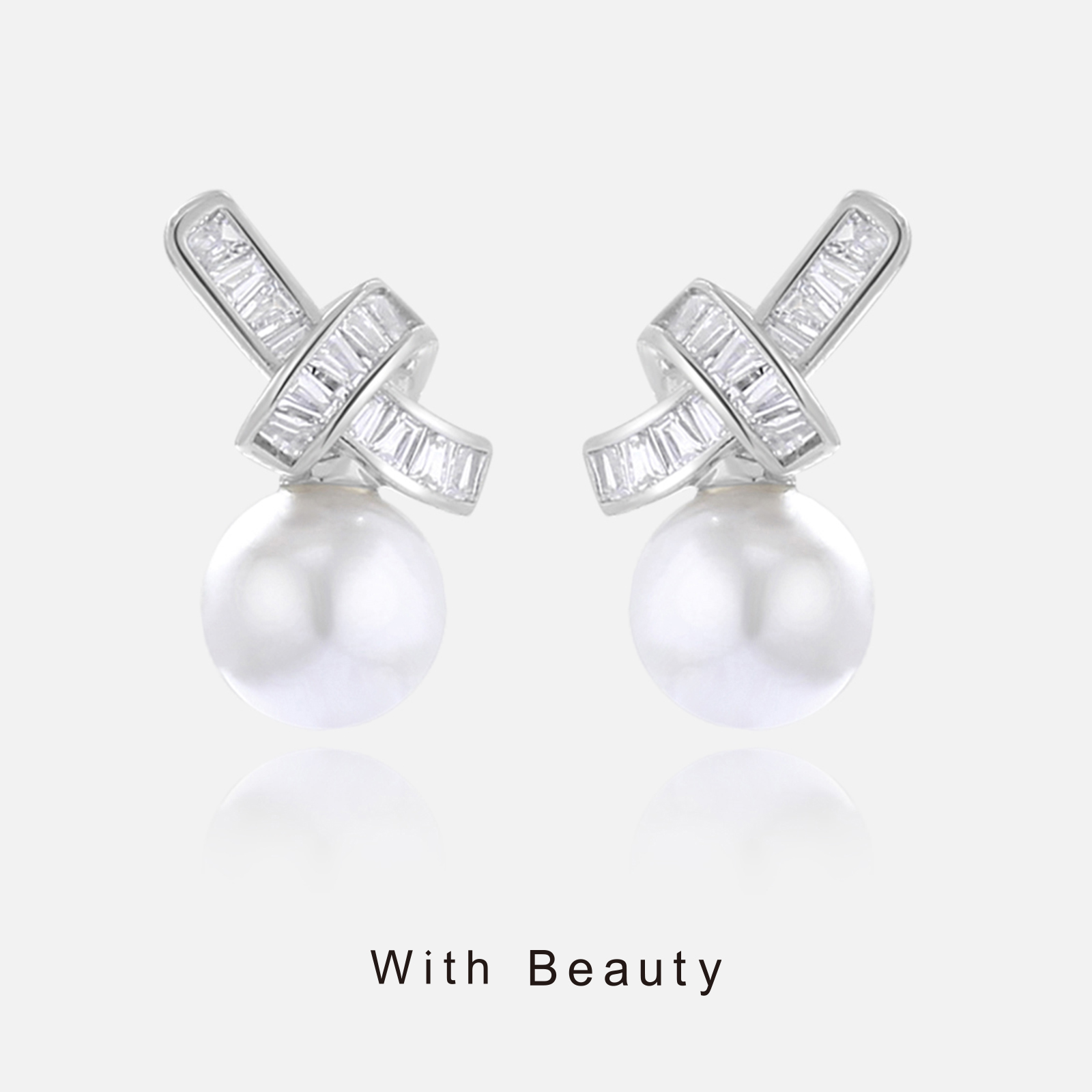 铜合金锆石耳饰 With Beauty 交叉蝴蝶结珍珠锆石耳环气质轻奢