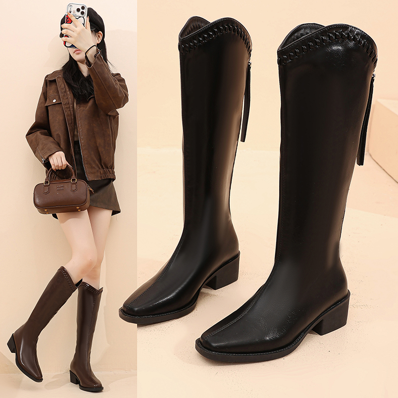 《4厘米跟》法式方头瘦瘦靴骑士小方头高筒靴短靴时装靴女士时尚