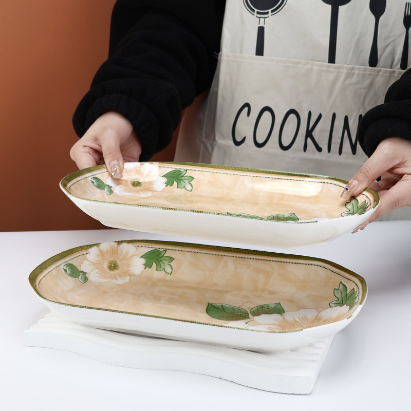 富彩陶瓷复古山茶花系列12英寸陶瓷釉下彩创意蒸鱼西餐盘鱼盘