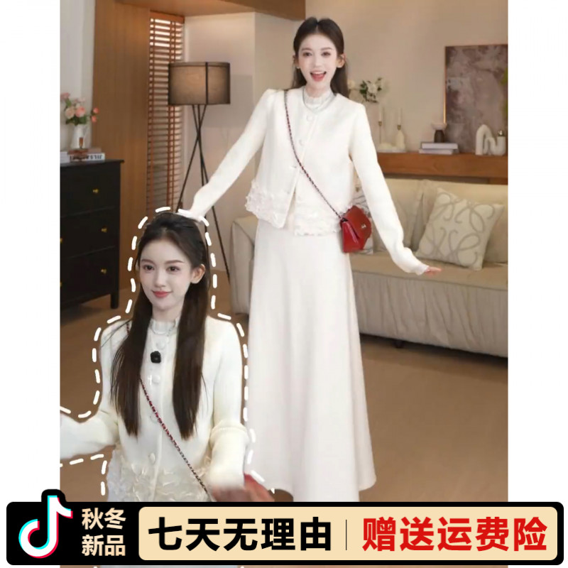 2025新款千金温柔风白色针织马甲叠穿打底半裙女秋冬小个子三件套