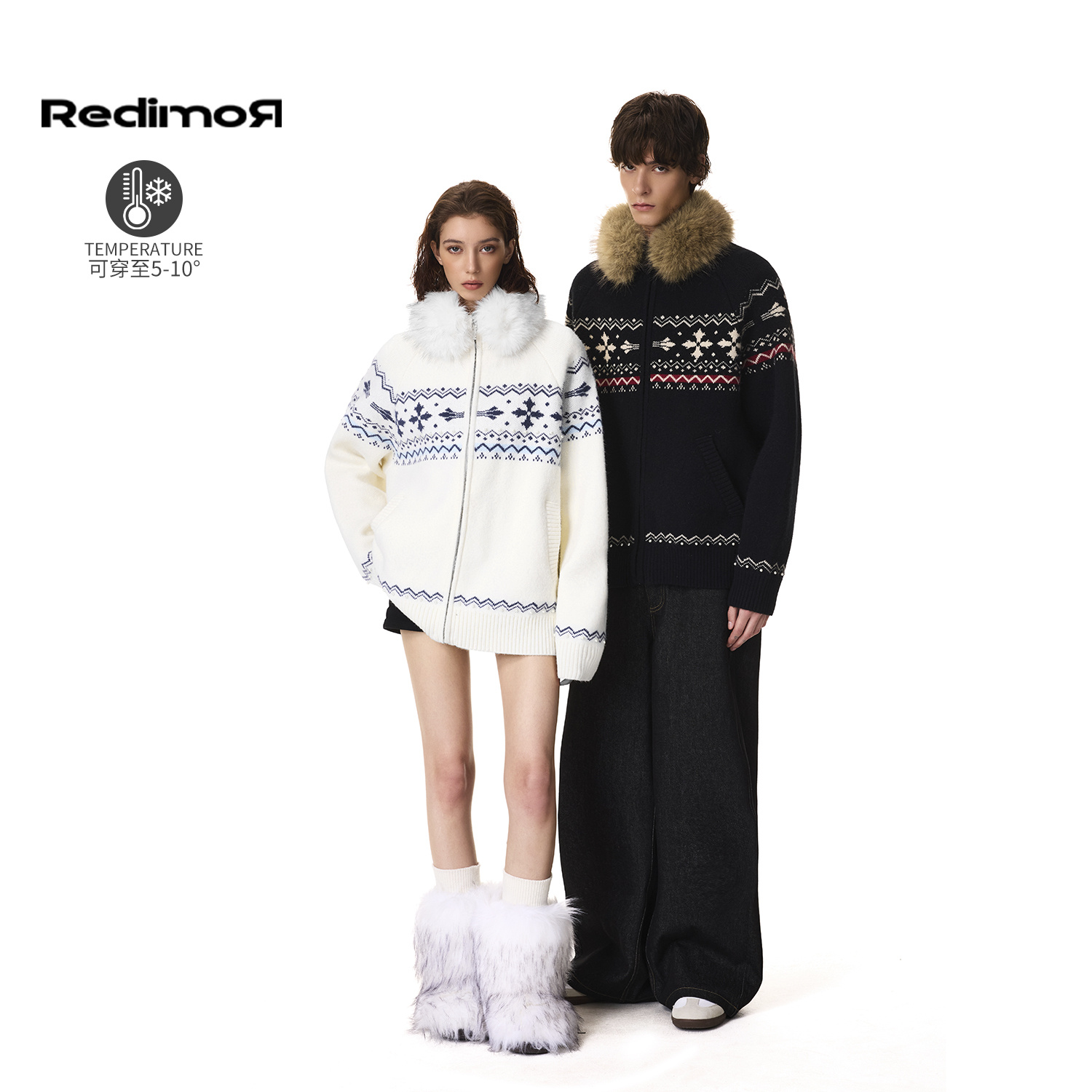 REDIMOR美式复古费尔岛花纹毛领连帽开衫卫衣宽松外套254RC1405