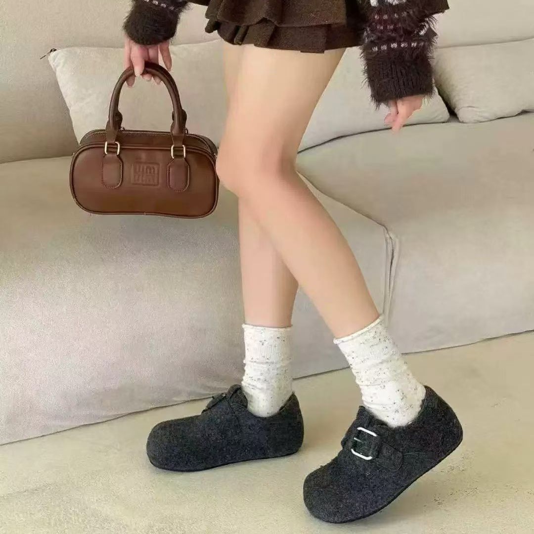 221-566-1   新款厚底舒适百搭毛呢休闲博肯鞋