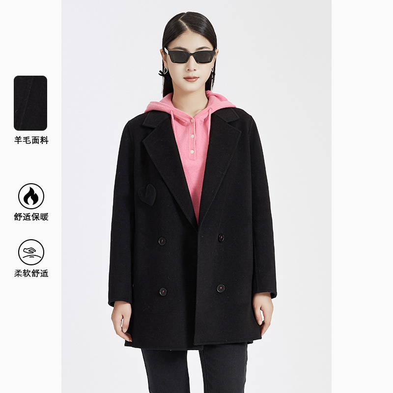 米娜精选 黑色中长款小个子显瘦双面大衣A610AY19801