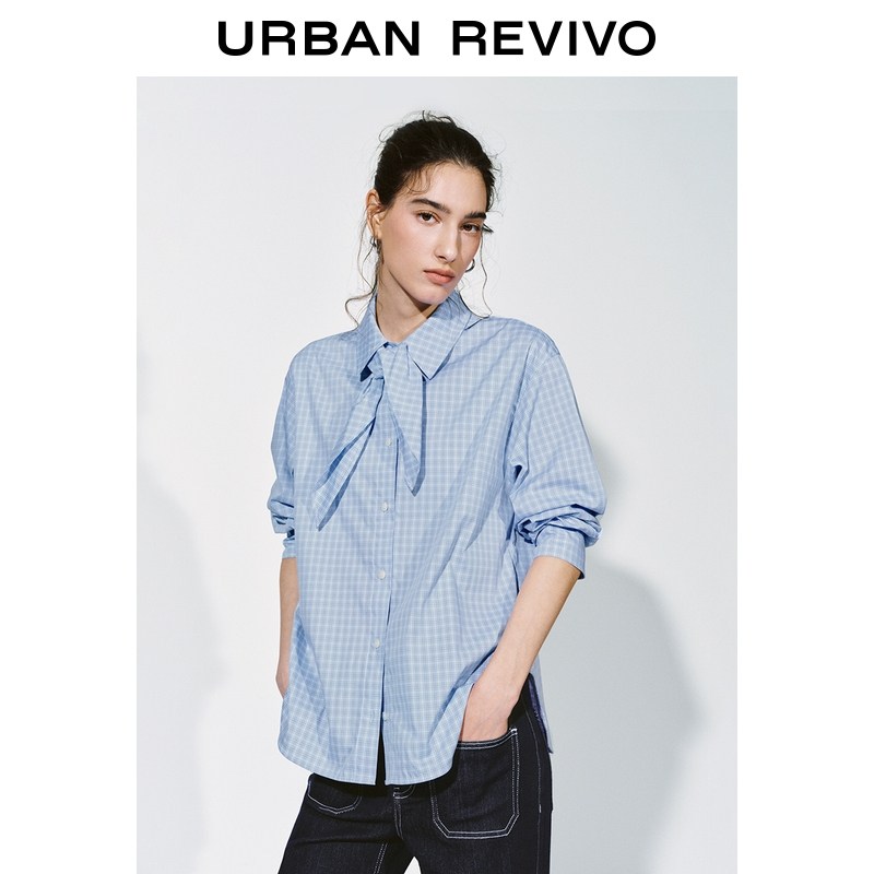 UR2026春季新款女装都市系带翻领格纹开襟衬衫UYU260002