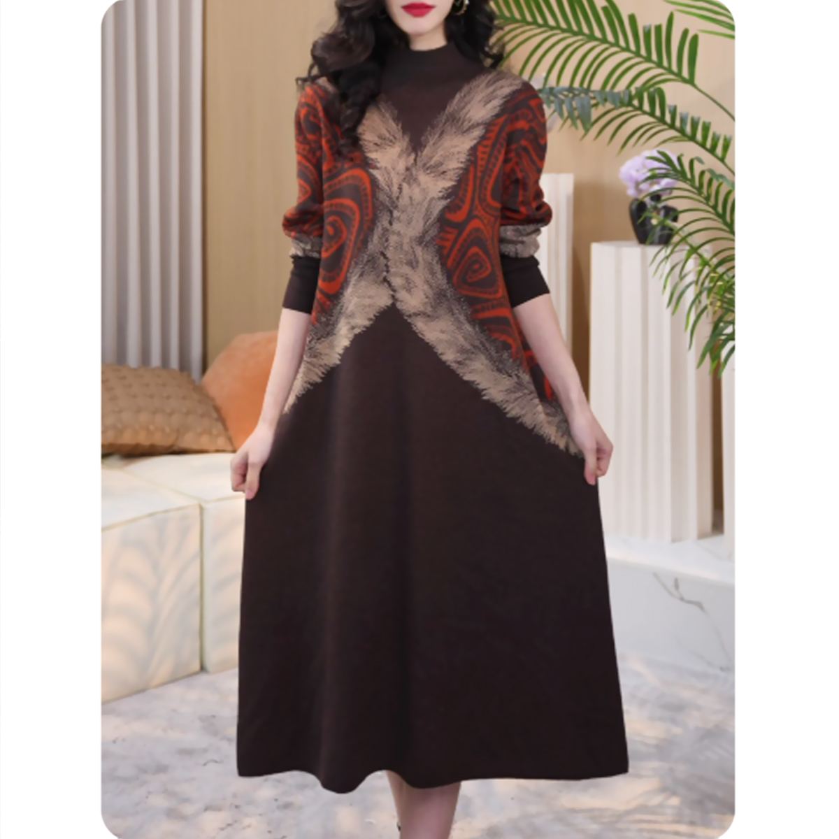 |梦橙|女士宽松连衣裙中长款毛衣裙气质休闲女装4ZL01251132