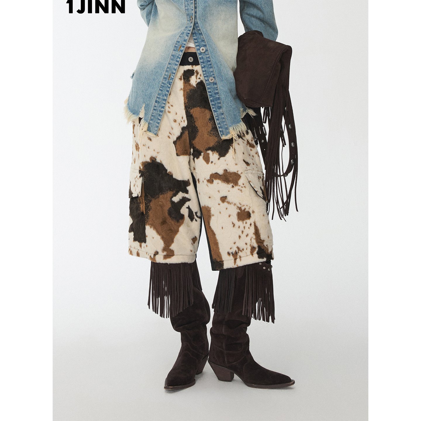【25冬新VOL.4】1JINN STUDIO 奶牛纹环保皮草拼接工装七分短裤
