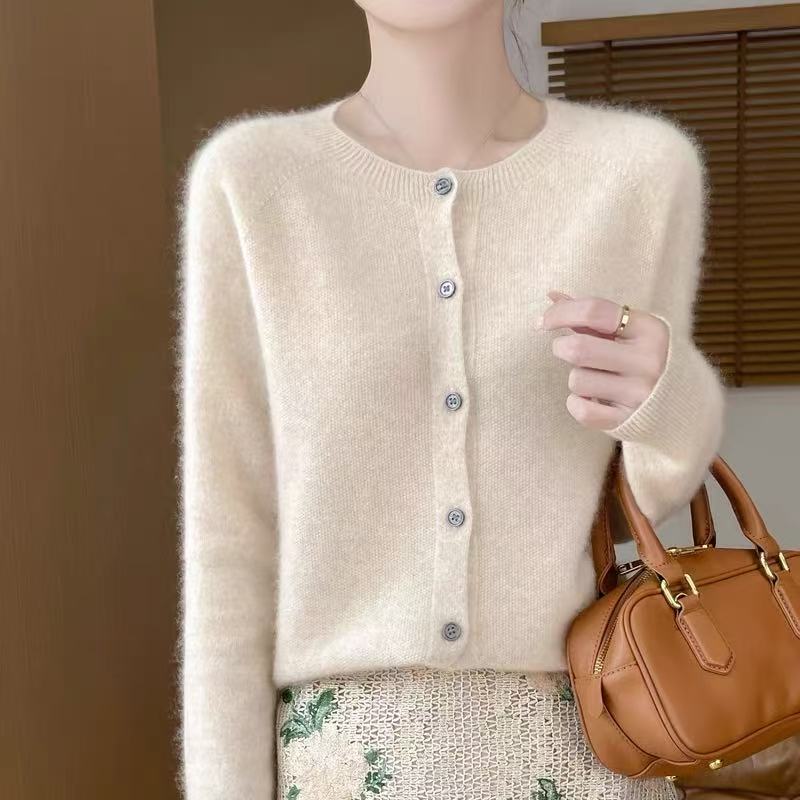 【100纯羊毛】澳洲美莉诺羊毛一线成衣桂花针圆领长袖开衫