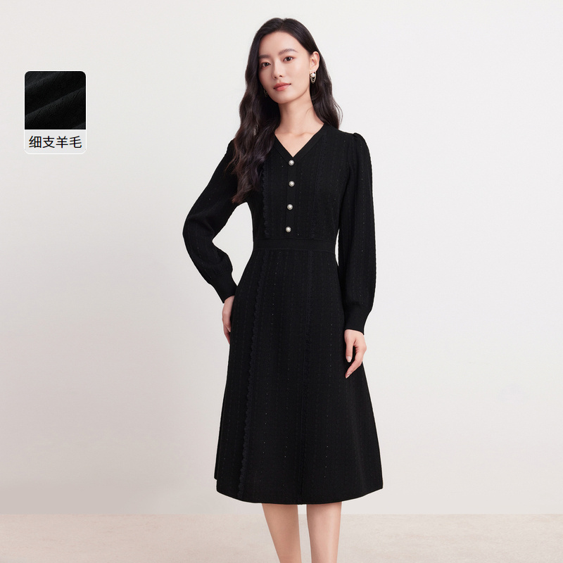 【羊羊专属】羊毛连衣裙珂莱蒂尔显瘦气质v领修身百搭