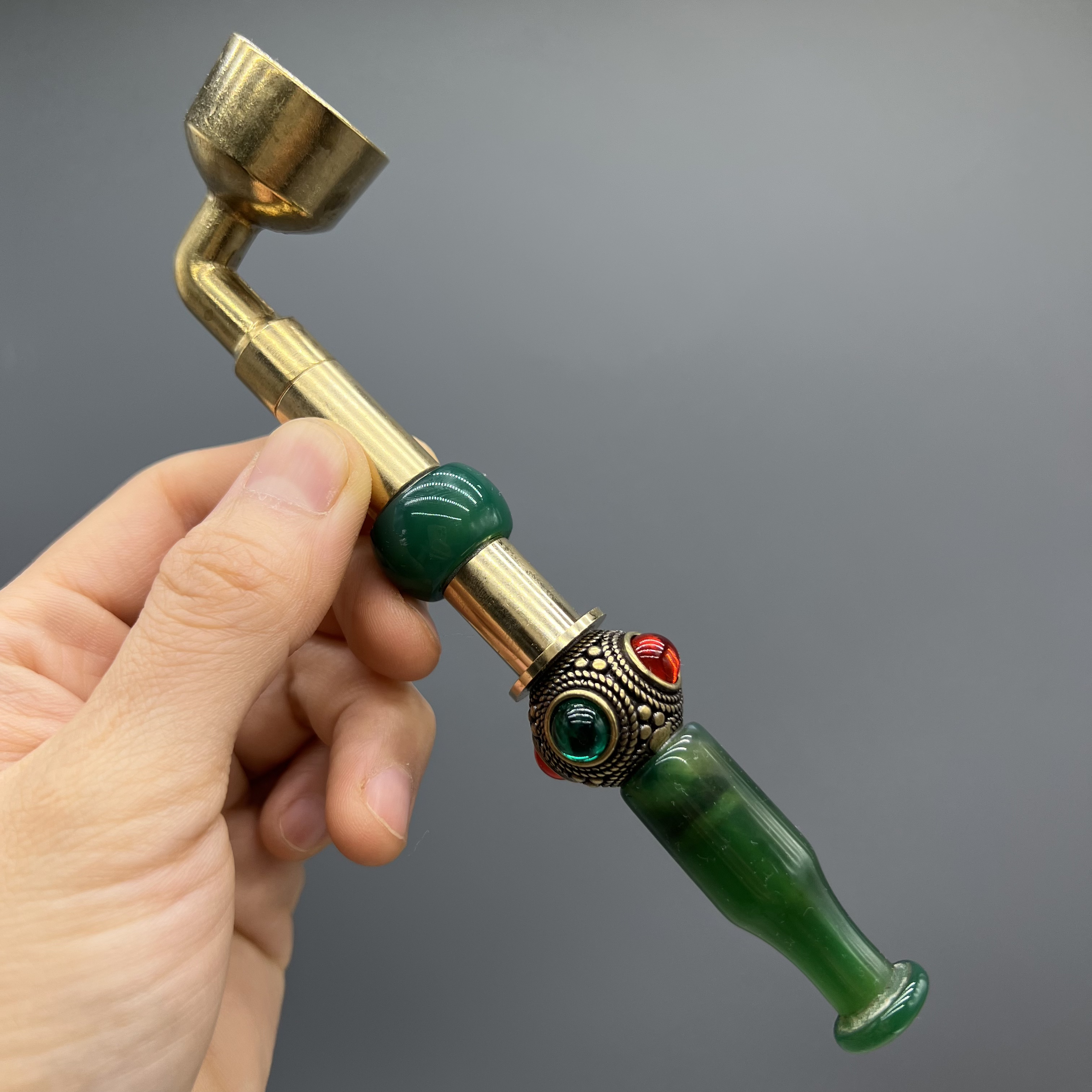 绿玛瑙2.5公分可拧开可过滤玛瑙烟嘴黄铜旱烟袋981+DLB