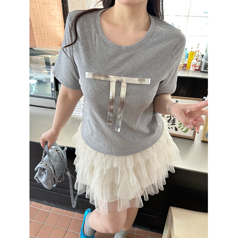 银河少女~胖MM大码显瘦百搭休闲温柔灰色蝴蝶结T恤P4T0062