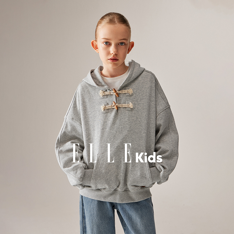 ELLE KIDS童装复古连帽休闲卫衣装饰角扣宽松纯色简约运动秋季Q3