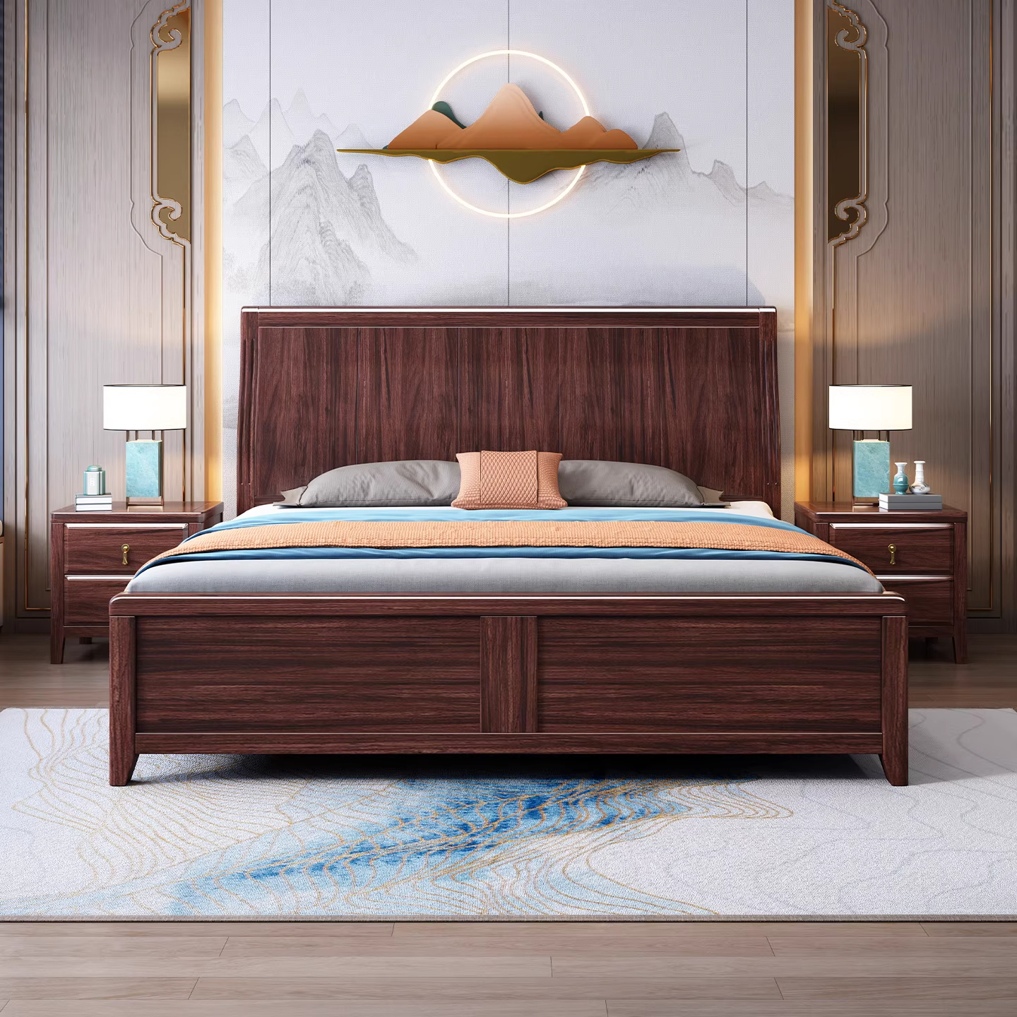 新中式乌金木实木床1.8x2米软靠双人床现代简约家具高箱储物婚床