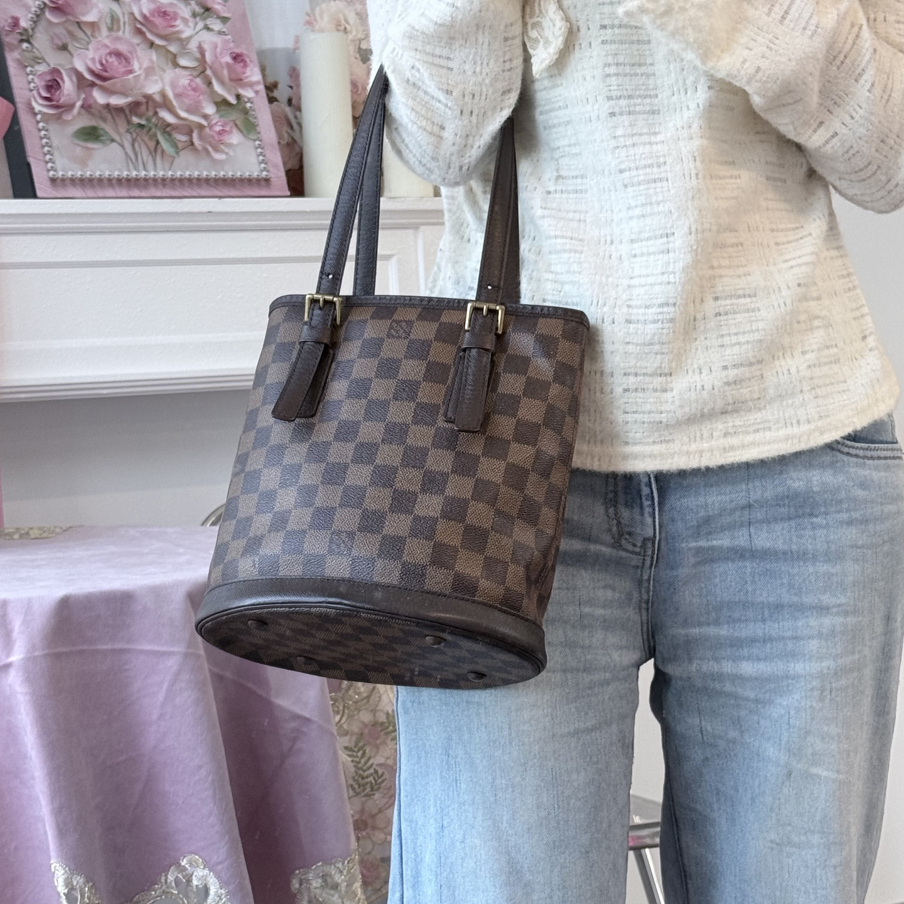 95新 LouisVuitton/路易威登 lv棕棋盘格小水桶包
