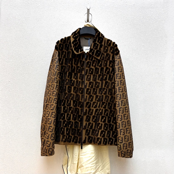 99新 FENDI/芬迪 经典老花羊皮水貂毛拼皮夹克54码李现同款1815