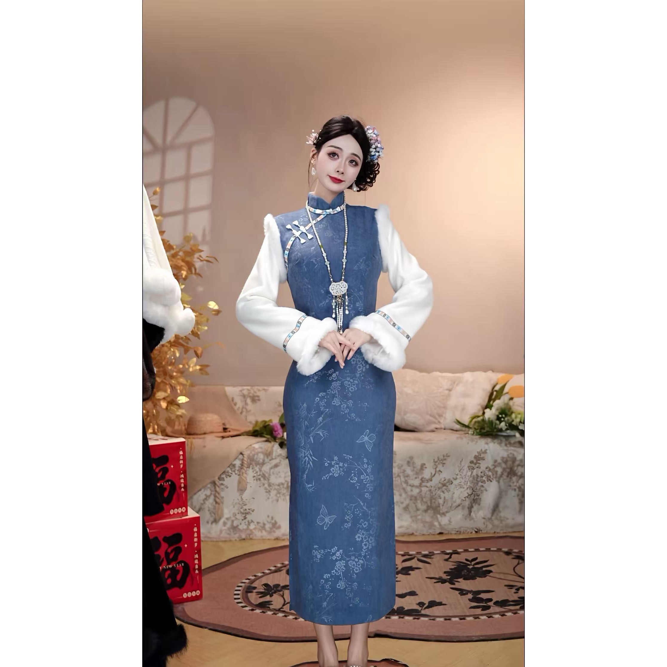 【晓青山-加绒】潇夫人自制旗袍新中式改良蓝色复古修身少女年轻款