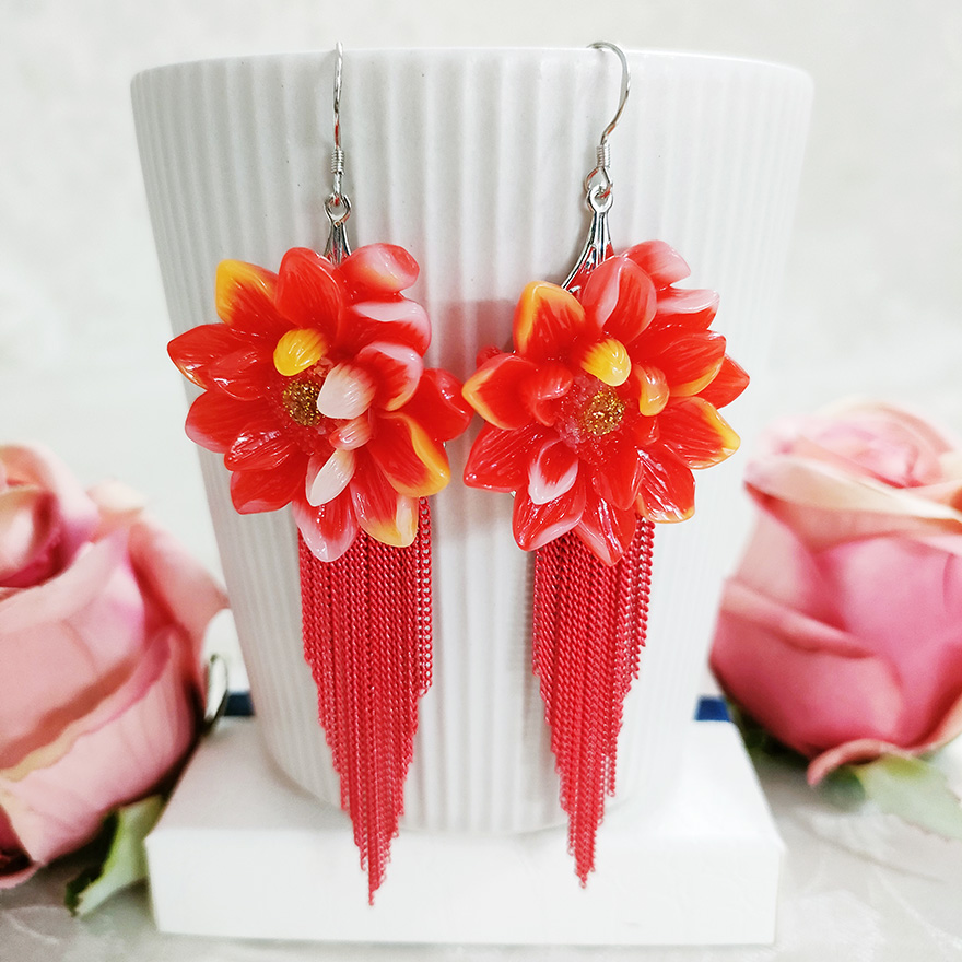 铜合金耳饰 民族风红色气质花卉流苏耳环2128