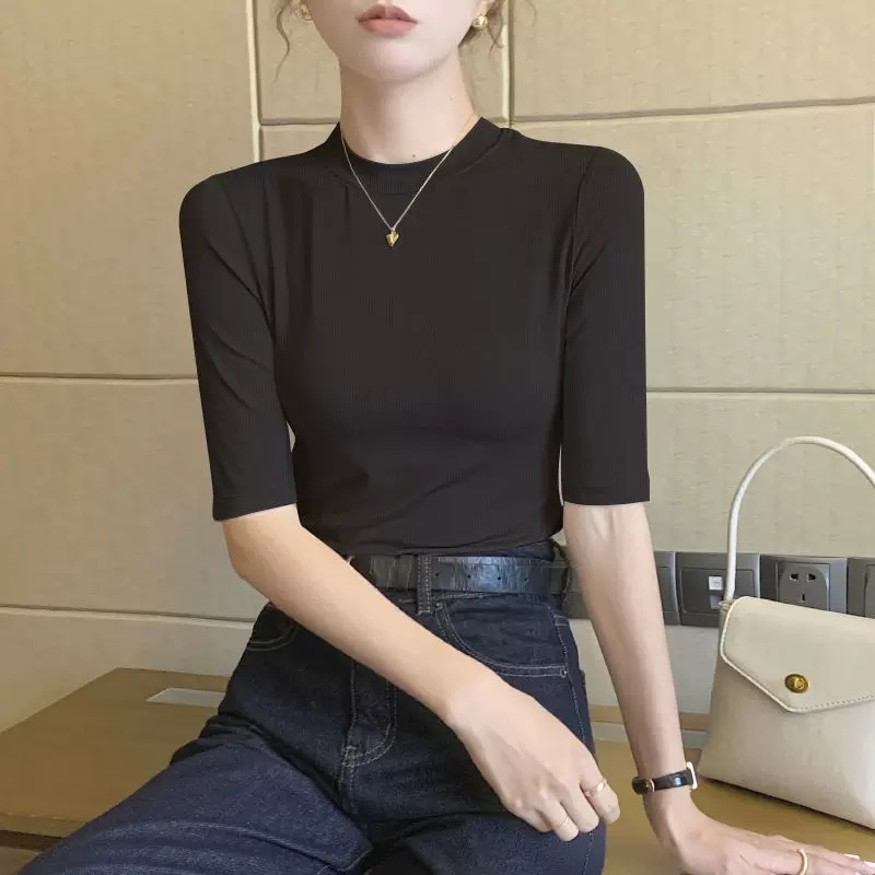 CS004中袖半袖夏季五分袖女款白色修身打底T恤洋气内搭