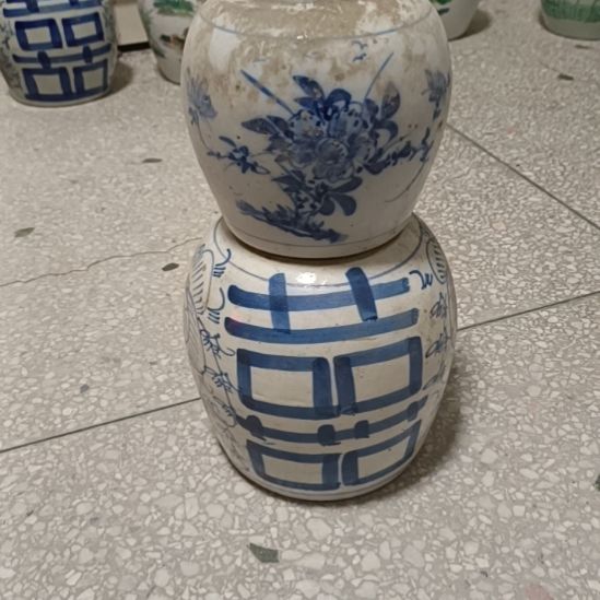 陶摆件双双双喜临门罐罐摆件青花陶瓷