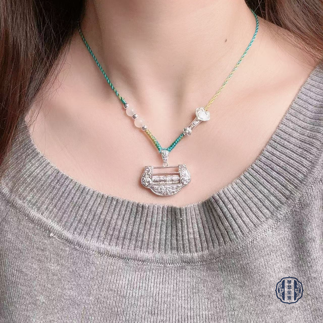 吊坠足银 吊坠足银999长命富贵锁编绳项链毛衣链锁骨链女