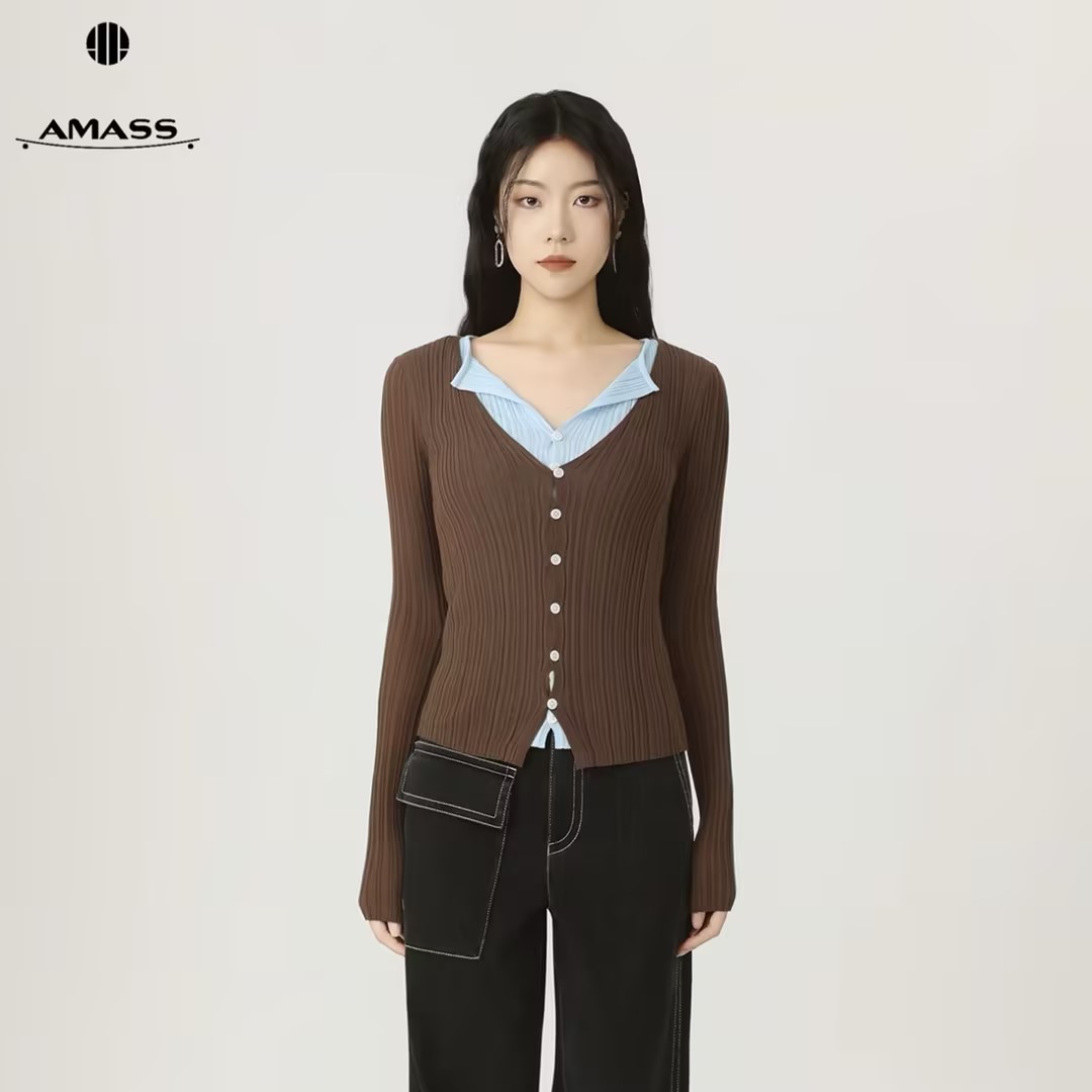 AMASS/阿玛施早秋新款气质美拉德百搭时尚假两件针织衫女 548066 