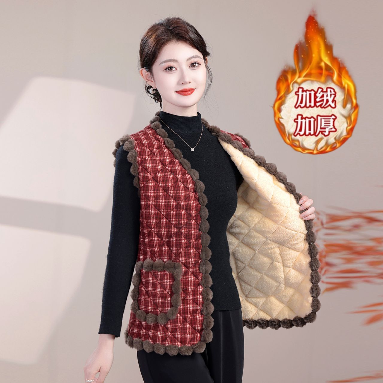 中老年妈妈格子马甲加厚加绒保暖外套舒适秋冬妈妈装时尚休闲坎肩