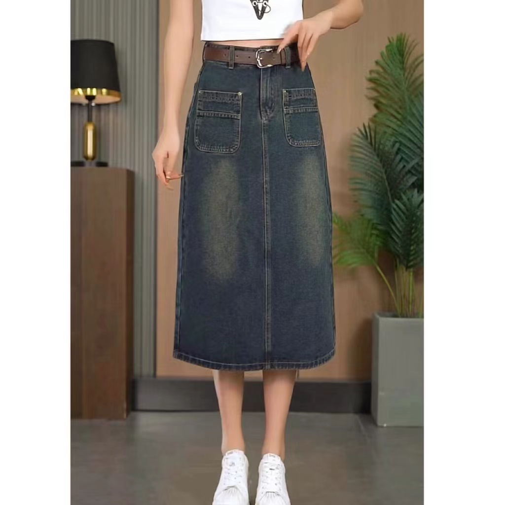A2025新款墨黛蓝a字显瘦女牛仔裙高腰时尚百搭复古后开叉中长款