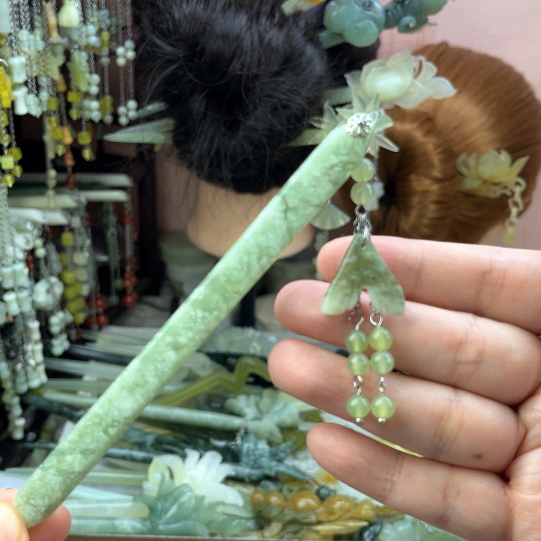 蛇纹石玉发饰未镶嵌长度14.5厘米左右