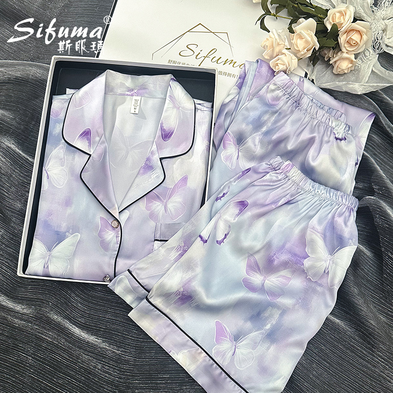 Sifuma/斯服玛《紫幻蝴蝶》夏季睡衣女丝质短袖短裤三件套家居服