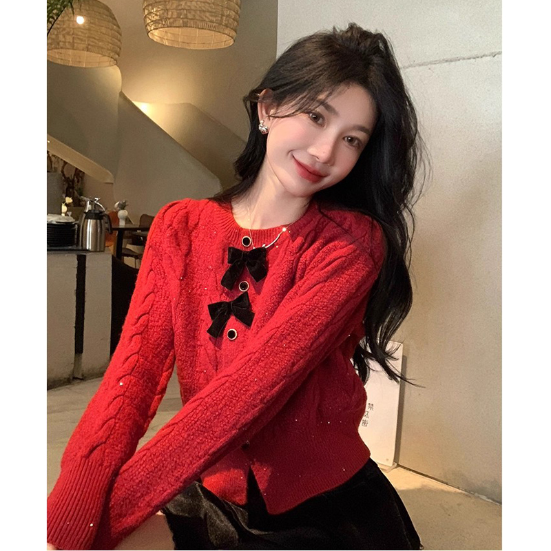 蝴蝶结秋冬短款毛衣女外套甜美千金针织小开衫亮片圣诞红色设计感