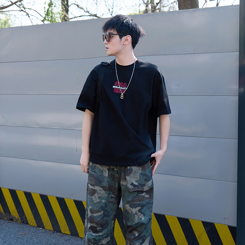 PANDA HOLLEY/熊猫霍利夏季透气高级烫钻印花圆领情侣T恤男女同款