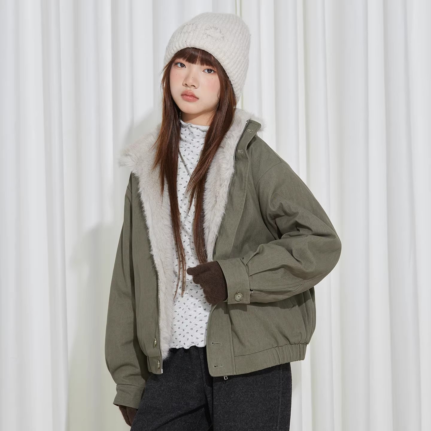 小女森女童冬装加绒加厚外套儿童军绿色时尚夹克毛毛领短款大衣潮