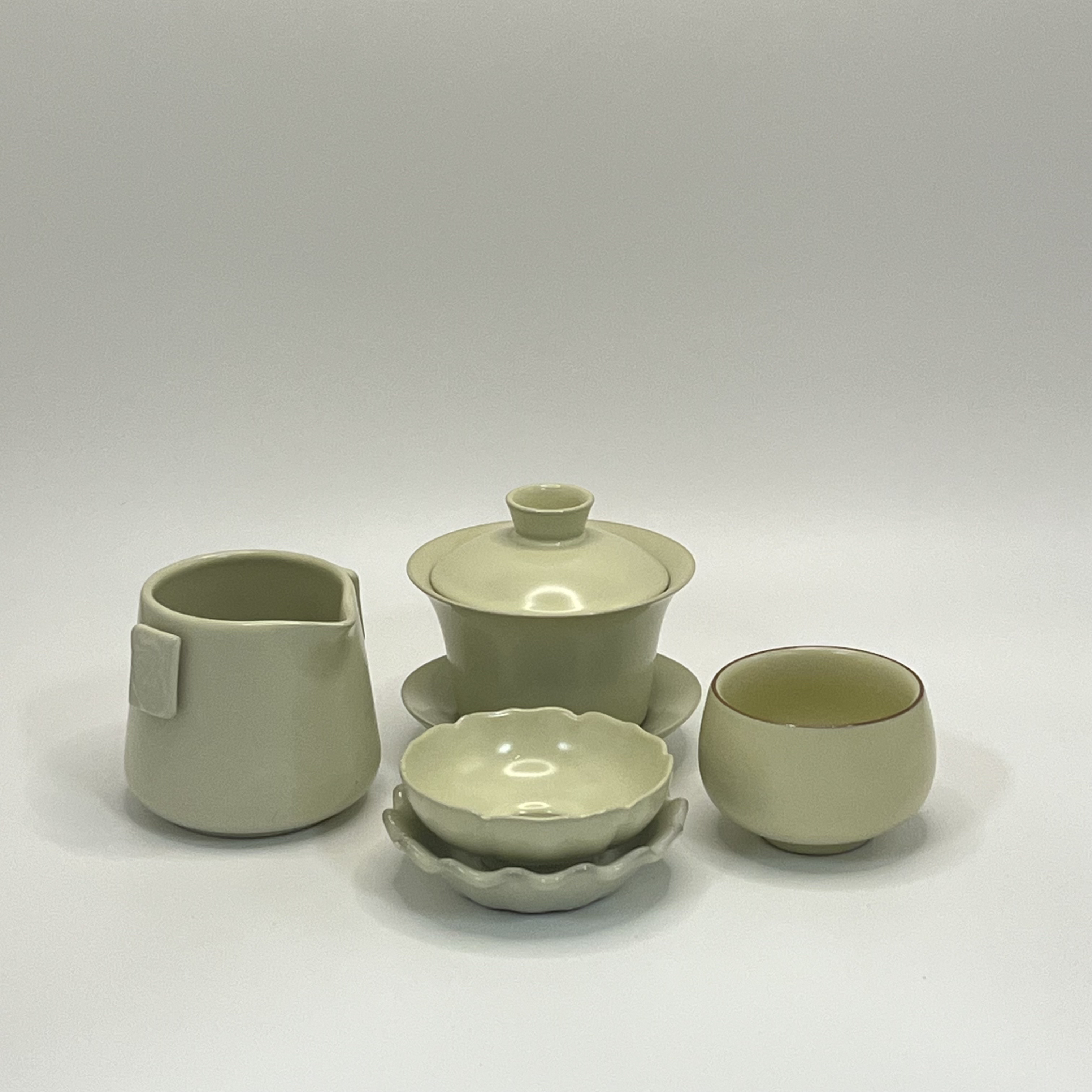 T07黄色汝窑三才盖碗手抓公道杯套组