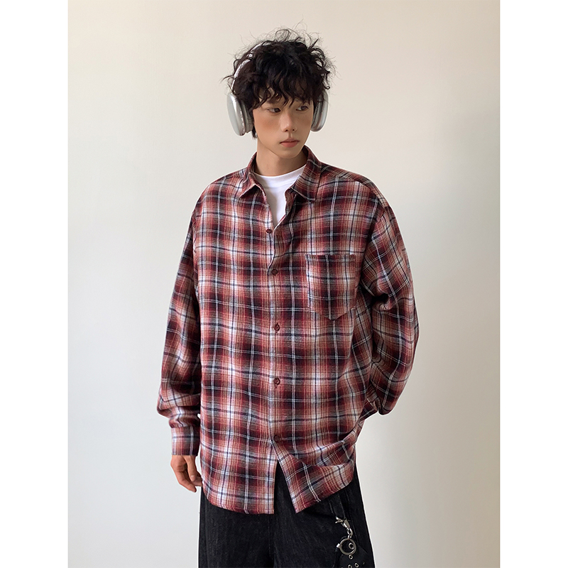 秋季水洗衬衫长袖朋克风格纹休闲宽松情侣春季格子男士百搭