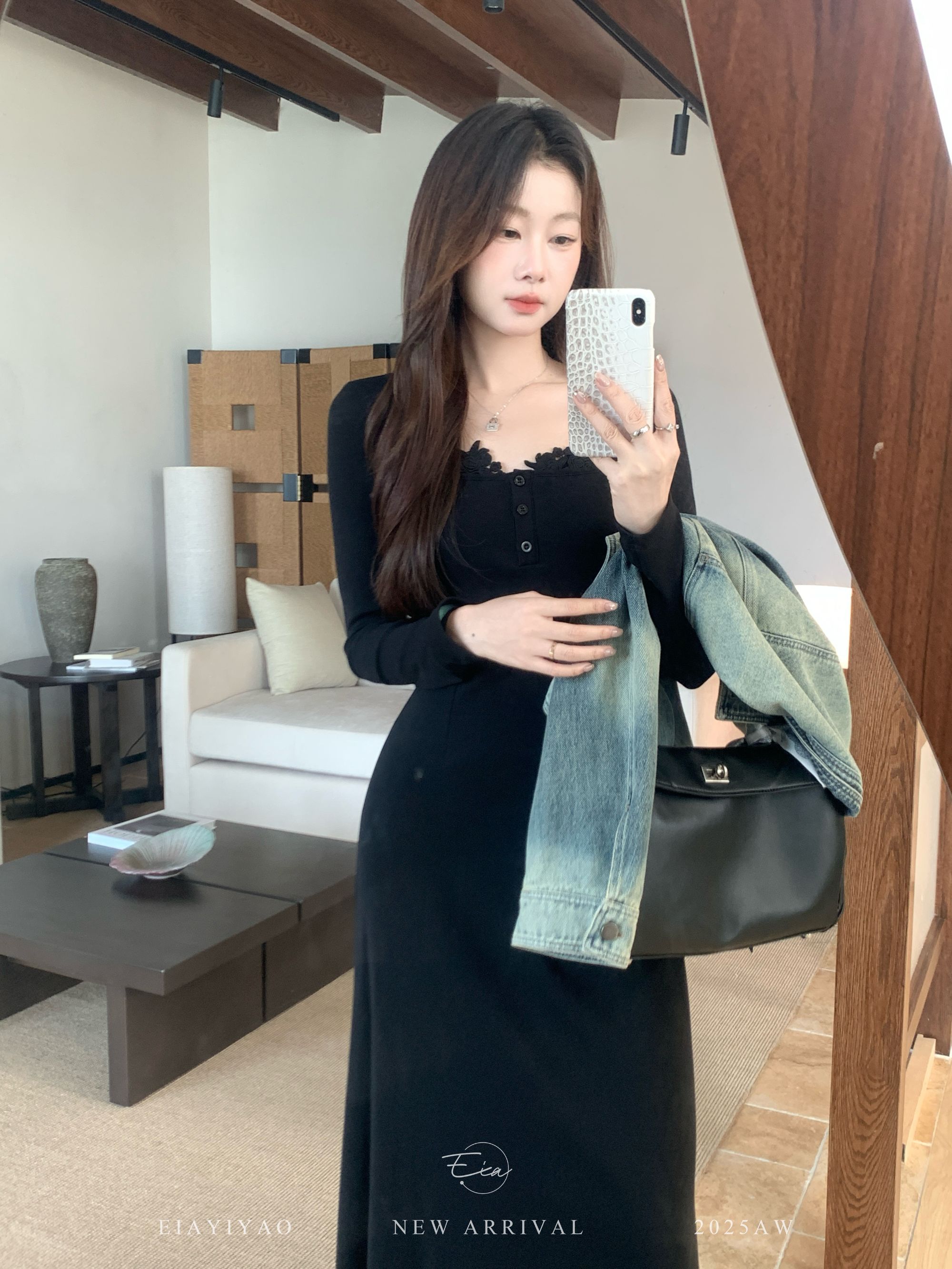 EIA一尧【天菜S曲线】气质蕾丝v领长袖连衣裙法式收腰显瘦黑色长裙