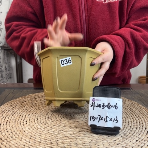 紫砂花盆青段内奎六方036