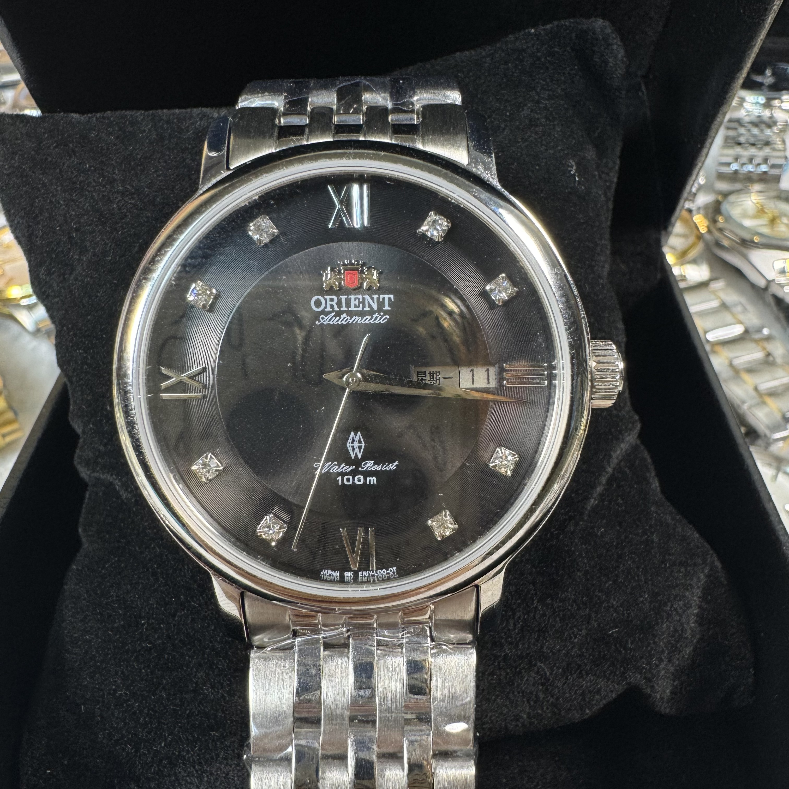 全自动机械手表双狮大表盘带钻全钢表链螺丝扣靶头