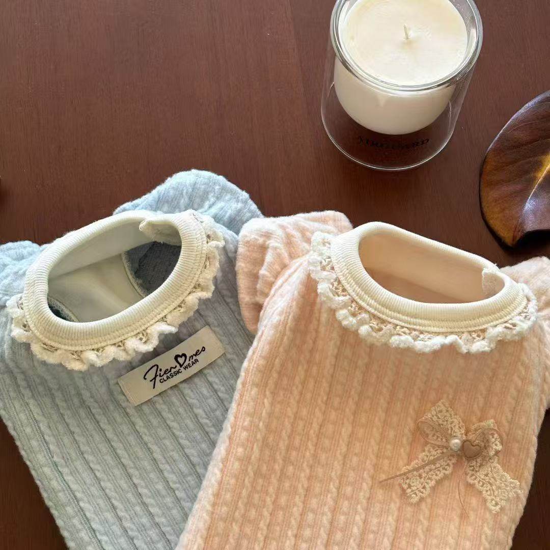 MIU系比熊打底飞袖蕾丝加绒粉色冬季可爱宠物狗狗衣服泰迪T恤比熊