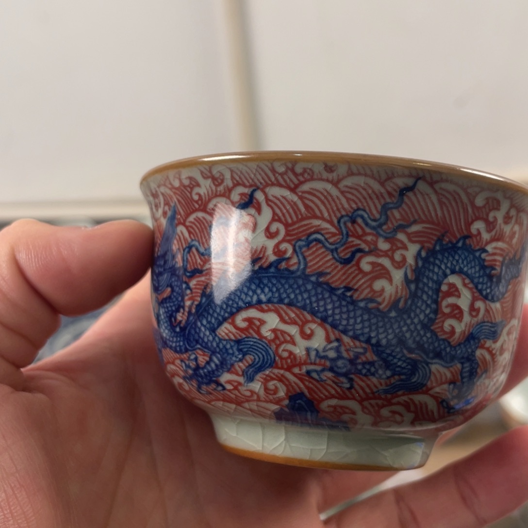 杯青花釉里红海水龙微瑕