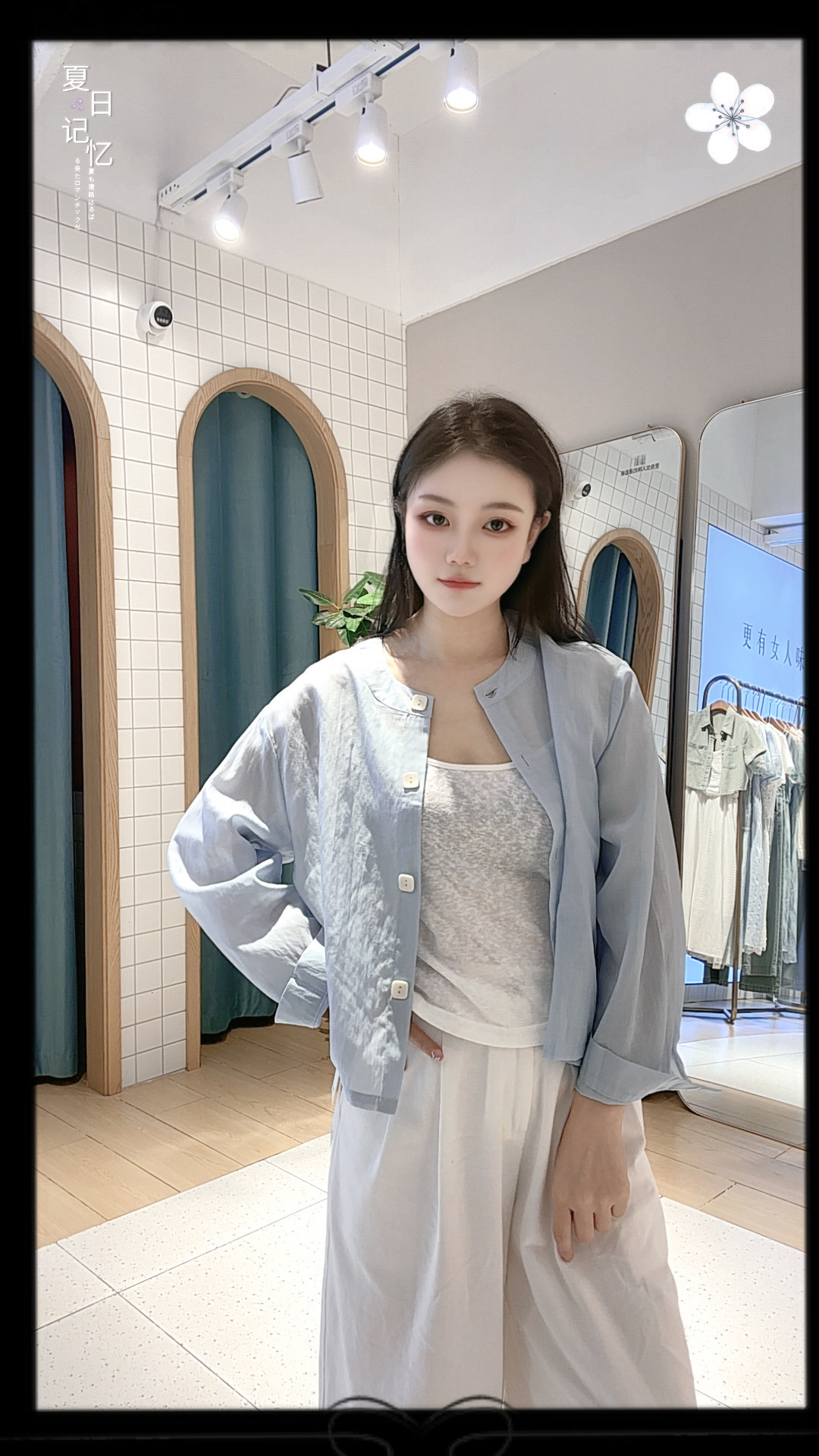 百搭宽松圆领长袖衬衫新中式小众透气带头花秋季新款