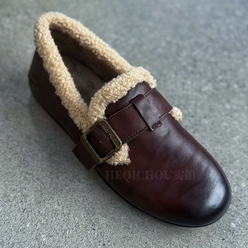 牛皮圆头保暖加绒单鞋女平底鞋 真皮一脚蹬全包勃肯鞋女鞋