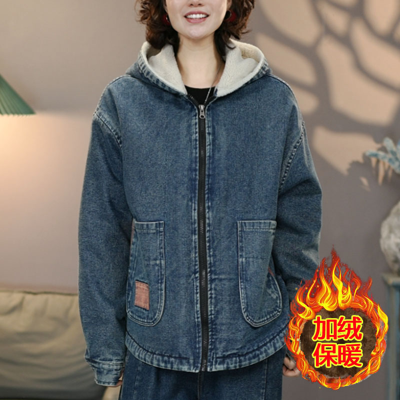 2613-1蓝牛仔连帽棉衣加绒加厚冬季新款棉服宽松时尚外套