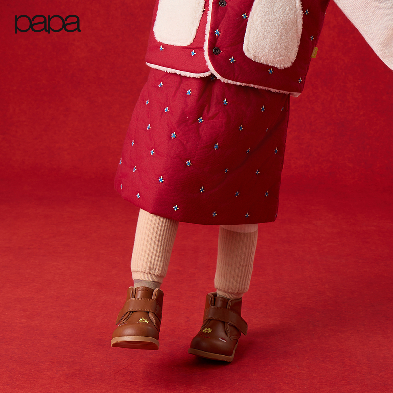 【新品】papa爬爬冬季儿童裙子半身裙松紧腰绣花毛绒口袋可爱新年