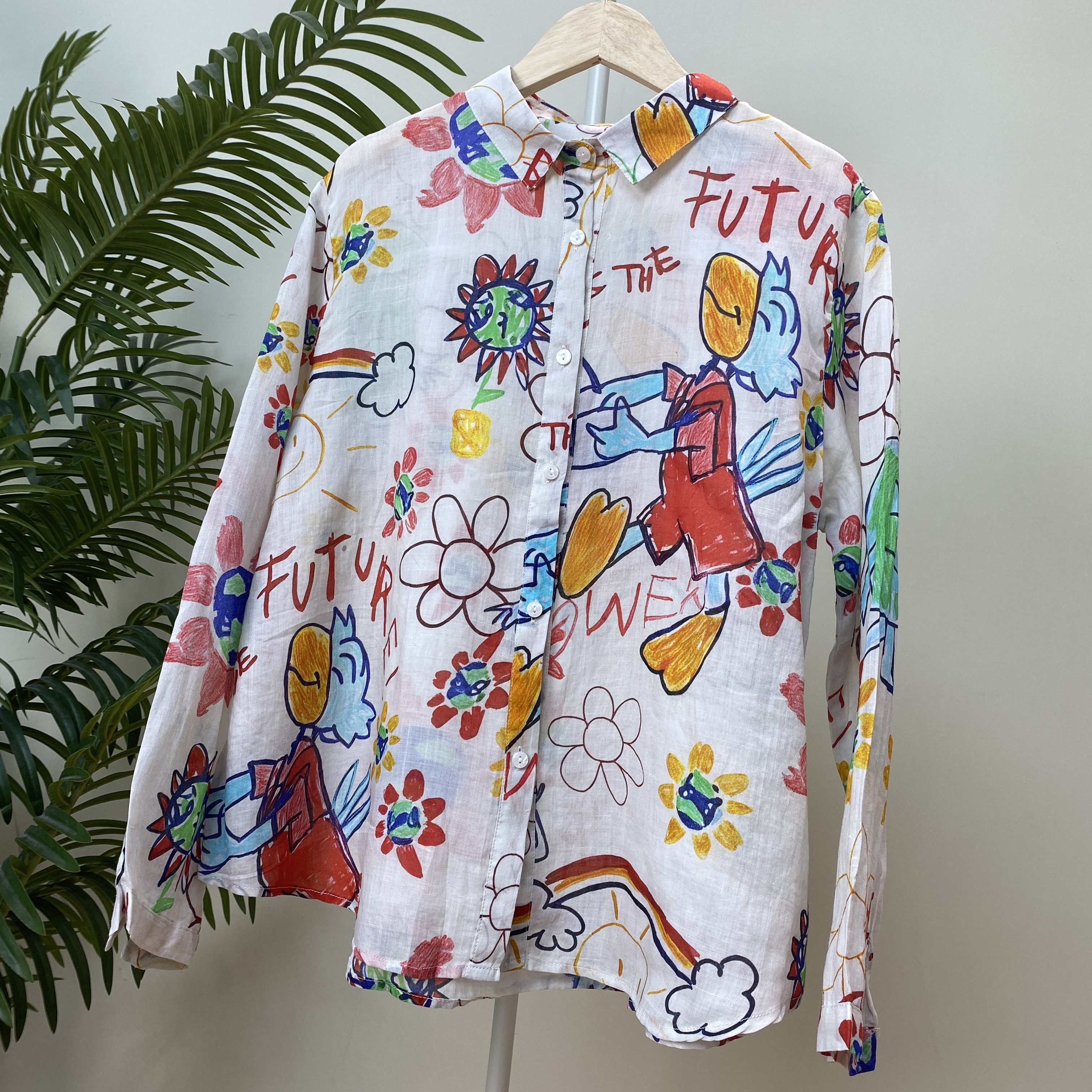 【涂鸦太阳人物印花苎麻衬衫】2939