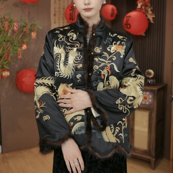 【仙露明珠】毛领丝棉服新中式老钱风重工刺绣上衣2024c5078-鑫鑫