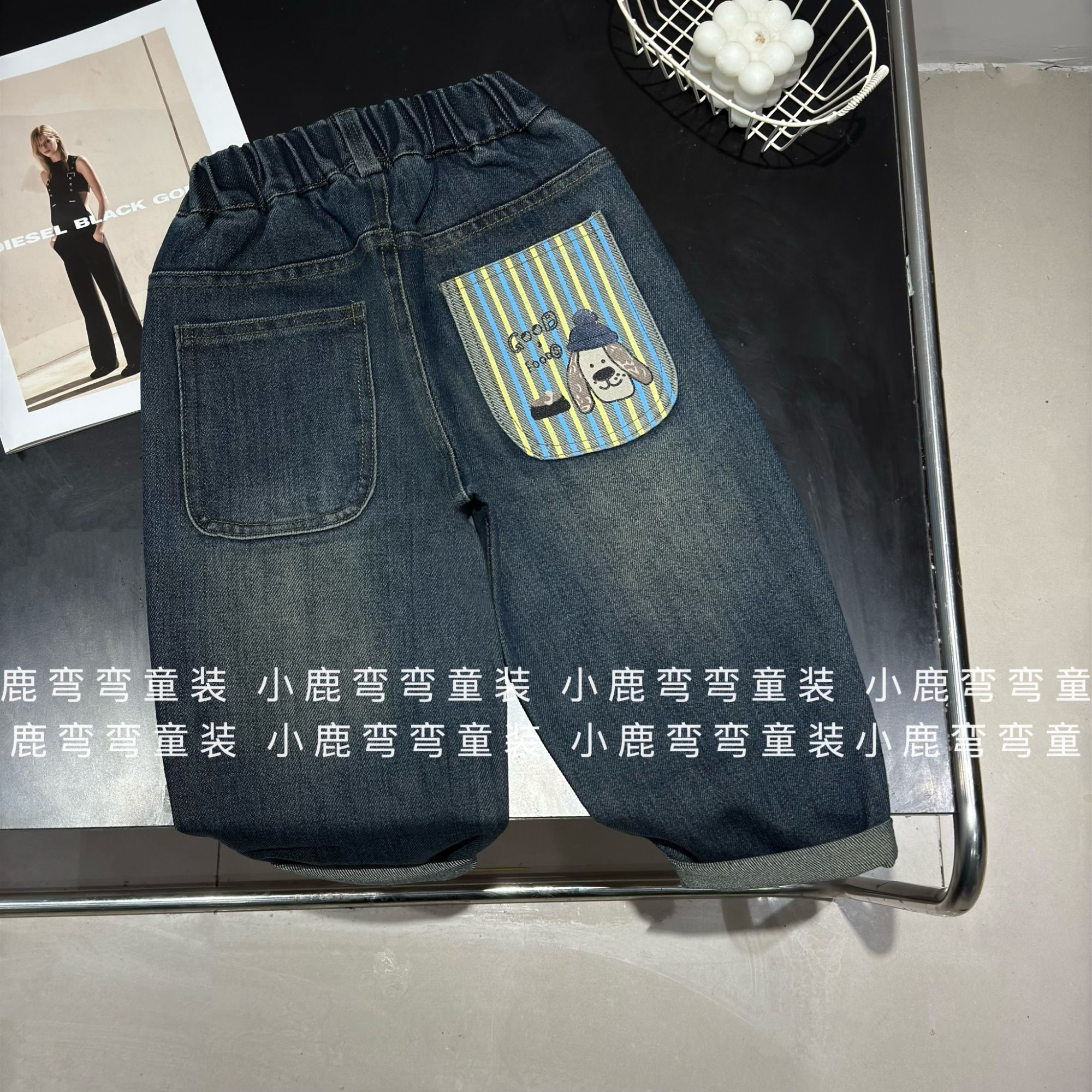 C2511春秋后袋条纹小狗深色牛仔裤