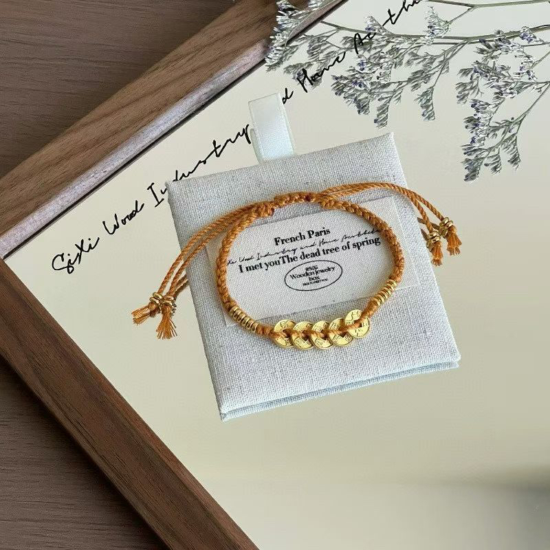 手链 五帝钱手绳手工时尚百搭情侣复古小众ins金手链可调节素款