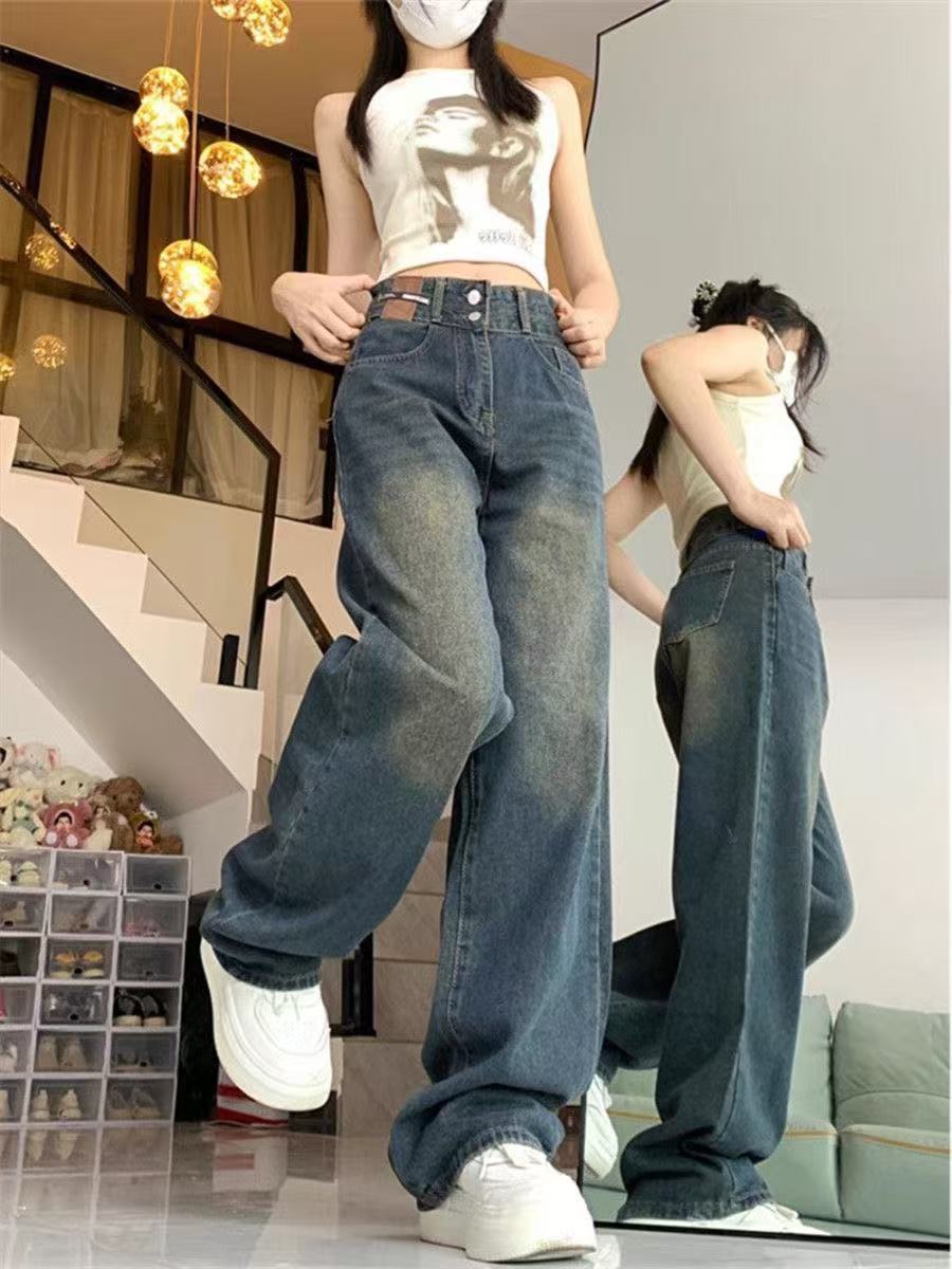 马{默认微瑕}四季款高腰显瘦百搭直筒喇叭阔腿烟管弹力牛仔裤女。