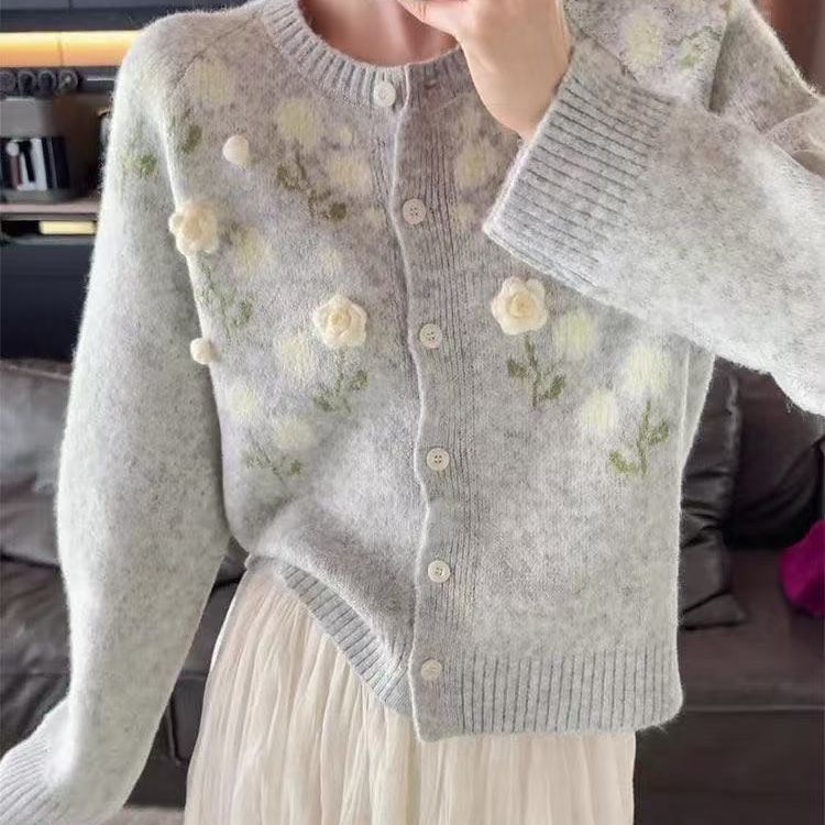 花朵圆领针织秋季春季女毛针织衫小香风短款百搭开衫